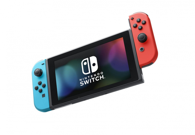 Nintendo Switch console with neon blue &amp; red Joy-Con