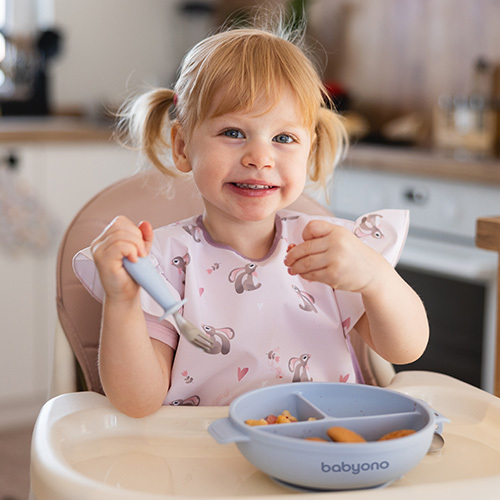 BABYONO Silikonteller mit Saugnapf und Deckel blau 6m+