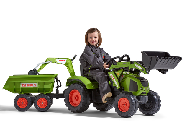 Falk Šliapací traktor 1010W Claas Axos s nakladačom, rýpadlom a vlečkou