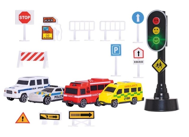 Sada Autos 4 Stück 7 cm mit Verkehrszeichen und batteriebetriebenem Lichtsignal.