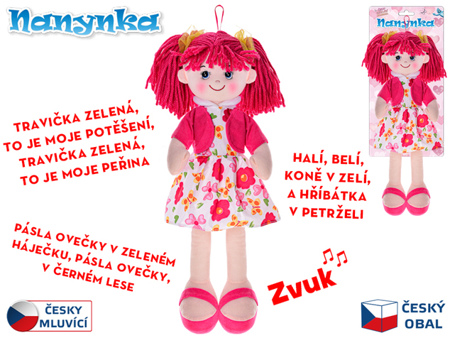 Bábika Nanynka červená 50cm mäkké telo na batérie česky hovoriaca a spievajúca