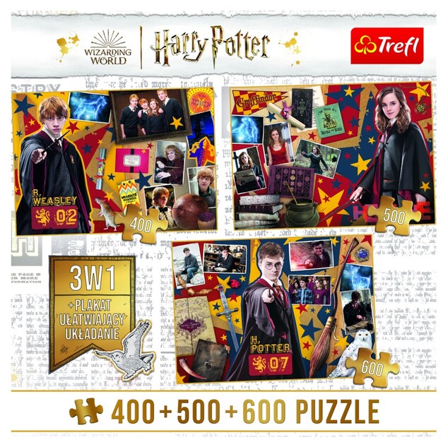 Trefl Puzzle Harry Potter, Harry Potter, Ron, Hermiona 3v1 400 + 500 + 600 dielikov