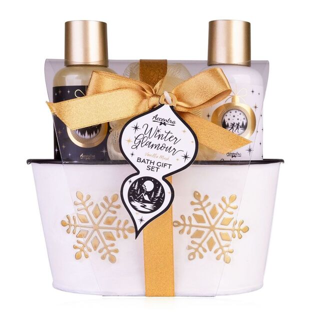 ACCENTRA Set za kupanje Winter Glamour u limenoj kanti Vanilija i mošus 2x100ml + 15g