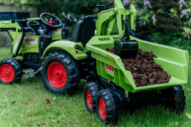 Falk šliapací traktor 2070W Claas backhoe s prednou a zadnou lyžicou a prívesom