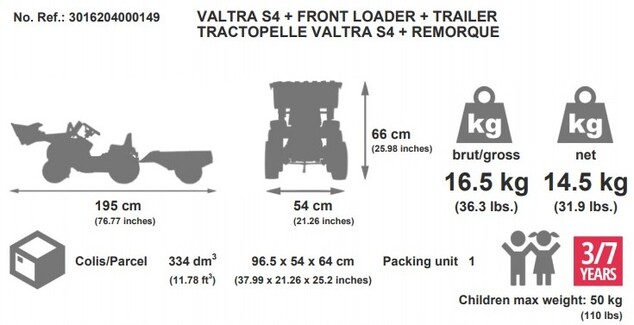 Falk Šliapací traktor 4000AM VALTRA S4 s predným nakladačom a vlečkou