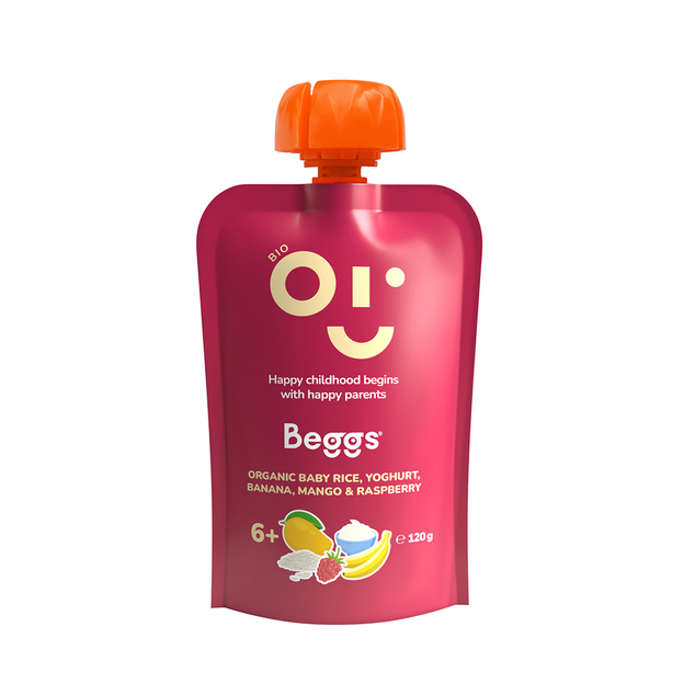 Beggs BIO Detská ryža s jogurtom, banánom, mangom a malinami (120 g)
