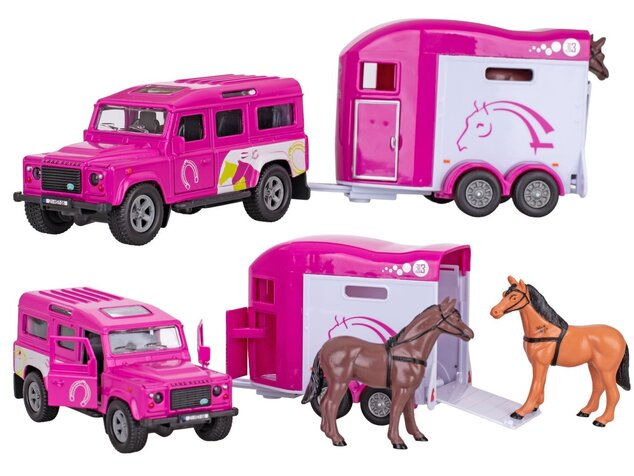 Kids Globe Traffic Land Rover ružový kov s prívesom pre kone 28cm spätný chod