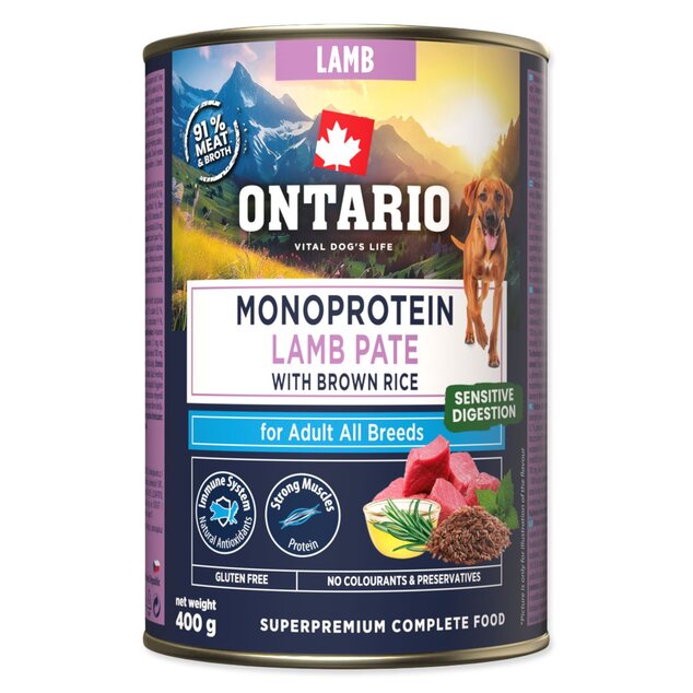 Konzerva Ontario Adult monoprotein jahňacie paté s hnedou ryžou 400g