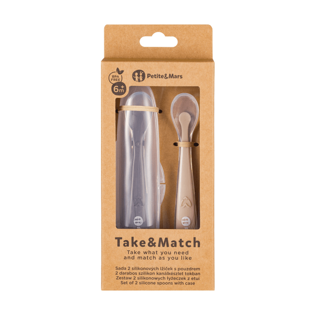 PETITE&amp;MARS Silikonske žličke s puzdrom, set 2 kos, Take&amp;Match Sand - Cocoa 6m+