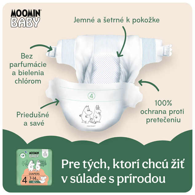 Moomin Baby 4 Maxi 7–14 kg (42 ks), eko plienky