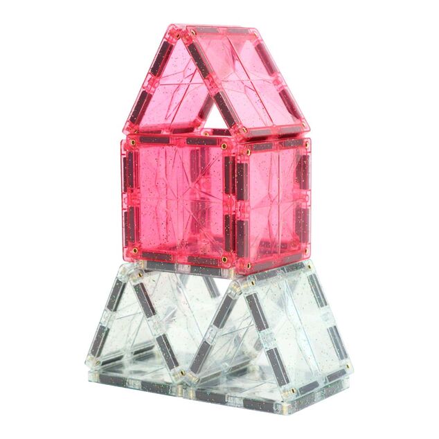 Cleverclixx Magnetická stavebnice Glitter Tiles Pack Transparent - růžová – 16 ks