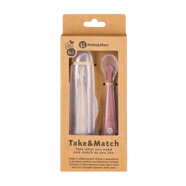 PETITE&amp;MARS Silikonové lžičky s pouzdrem, sada 2 ks, Take&amp;Match Sand - Rose 6m+
