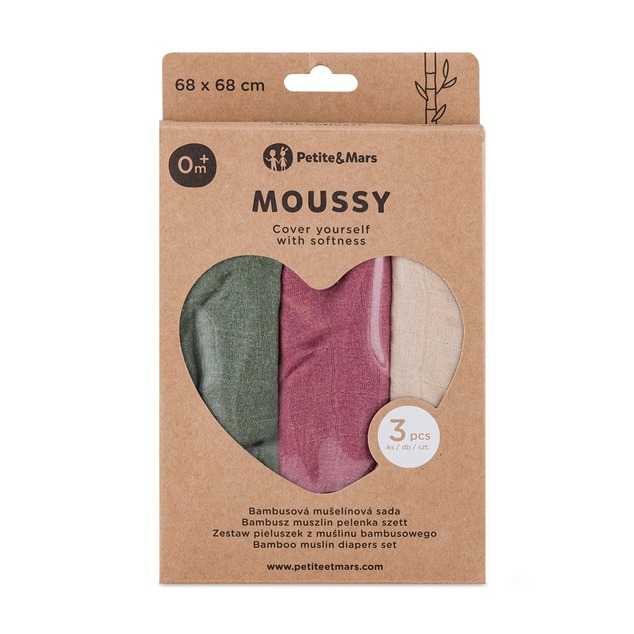 PETITE &amp; MARS Set Windeln Bambus Musselin 3er-Pack Moussy Botanic Tones 68 x 68 cm