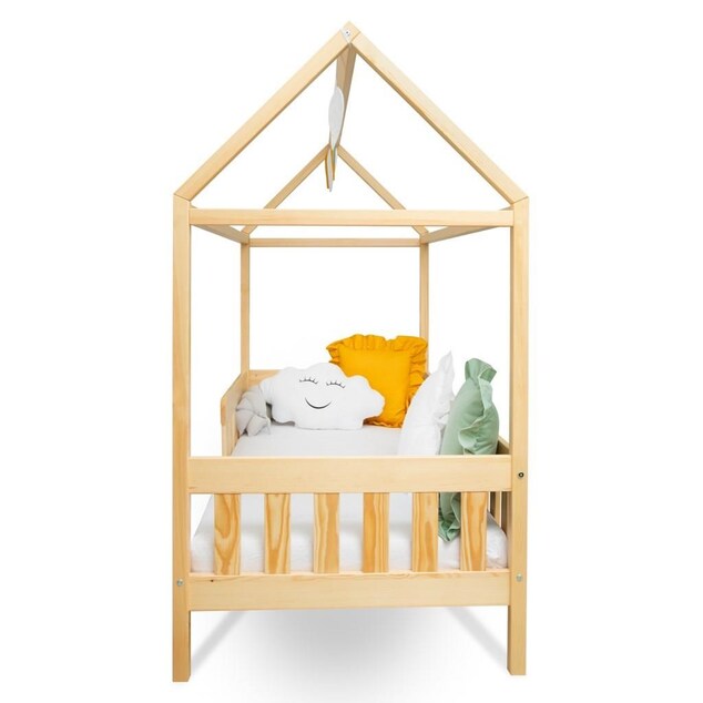 Detská posteľ domček so zábradlím a roštom New Baby CASTELLO 160x80 cm prírodná