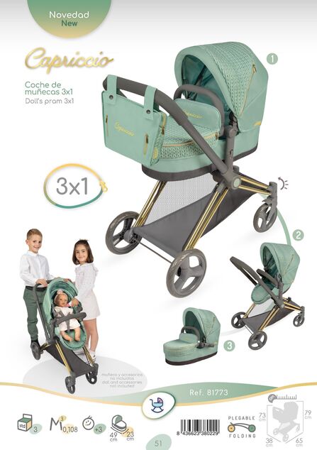 DeCuevas 81773 Skladací kočík pre bábiky 3 v 1 s taškou Capriccio 2025 - 73 cm
