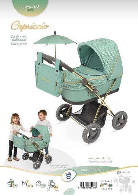 DeCuevas 85073 Skladací kočík pre bábiky so slnečníkom a taškou Capriccio 2025 - 60 cm