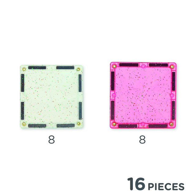 Cleverclixx Magnetická stavebnice Glitter Tiles Pack Transparent - růžová – 16 ks