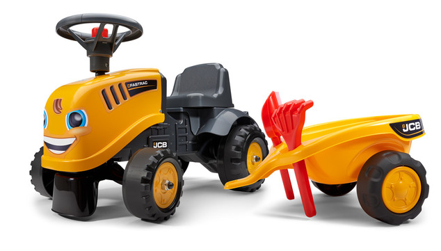 Falk Odrážadlo 215C Baby JCB giallo con rimorchio e paletta con rastrello
