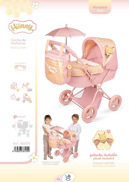 DeCuevas 85070 Passeggino pieghevole per bambole con ombrellone e borsa Honey 2026 – 60 cm