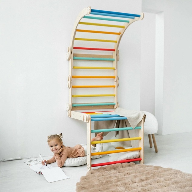 BusyKids Dřevěné domácí ribstole s hrazdou duhové