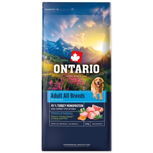 Krmivo Ontario Adult All Breeds Monoprotein Turkey &amp; Sweet Potatoes 12kg