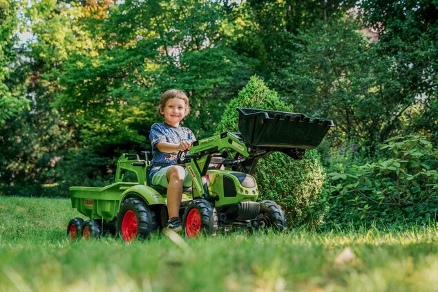 Falk šliapací traktor 2070W Claas backhoe s prednou a zadnou lyžicou a prívesom