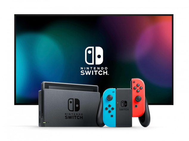 Nintendo Switch console with neon blue &amp; red Joy-Con