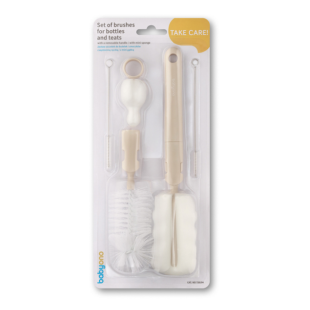 BABYONO Brosses pour biberons et tétines avec poignée amovible Beige