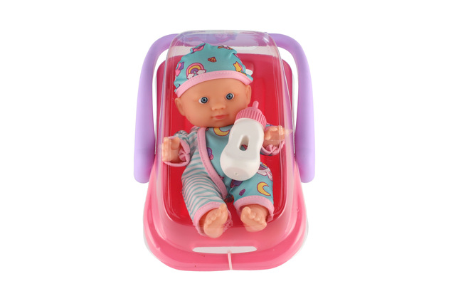 Bábika bábätko 20 cm plast v nosítku/autosedačke, s fľaškou