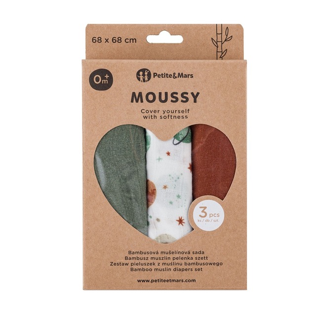 PETITE &amp; MARS Windelset aus Bambus-Musselin 3 Stück Moussy Celestial Planets 68 x 68 cm