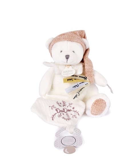Doudou Darčeková sada Plyšový medvedík s úchytom na cumlík a dečkou ružový 20 cm
