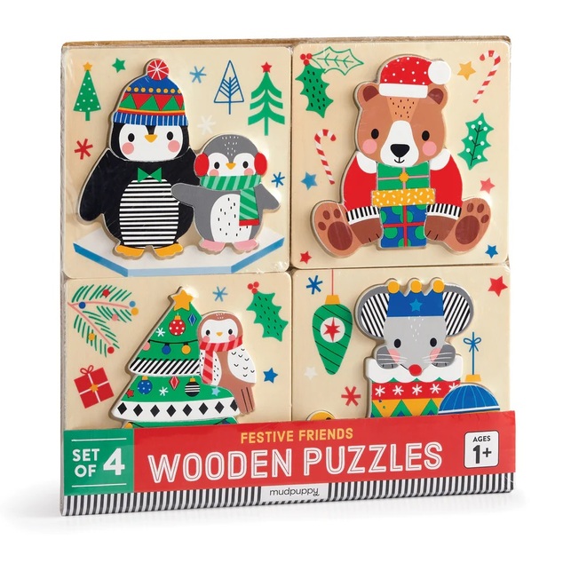 Mudpuppy Drevené vianočné puzzle sada 4 puzzle