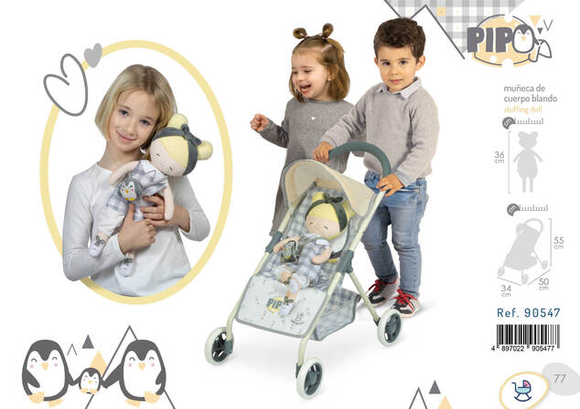 DeCuevas 90547 Športový kočík pre bábiky a plyšová bábika PIPO 2022 - 55 cm