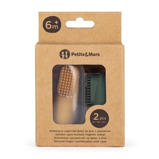 PETITE&amp;MARS szilikon ujjfogkefe készlet Ochre&amp;Green 2 db 0m+