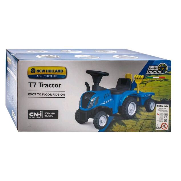Detské odrážadlo traktor s vlečkou a náradim Baby Mix New Holland žltý