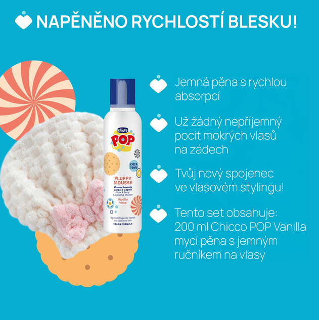 CHICCO Pena na vlasy a telo POP Vanilla Fluffy 200ml s uterákom na vlasy