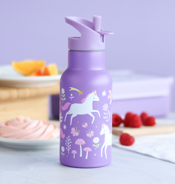 A Little Lovely Company - bottiglia d'acqua in acciaio inossidabile, 350 ml - unicorni e arcobaleno