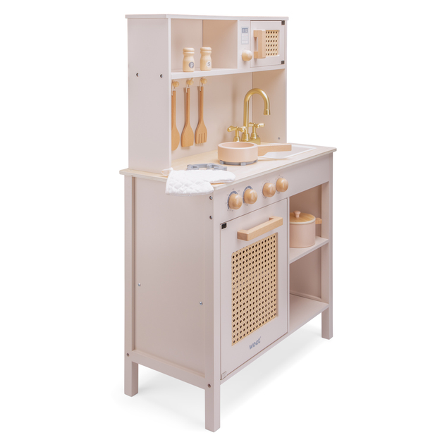 Woet Kinderholzküche - rosa mit Rattan