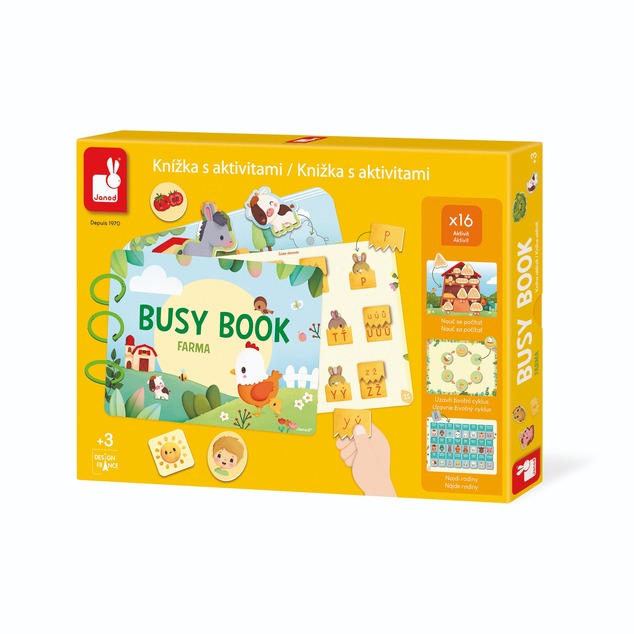 Janod Farma Busy Book interaktívna kniha s aktivitami a abecedou od 3 rokov SK CZ