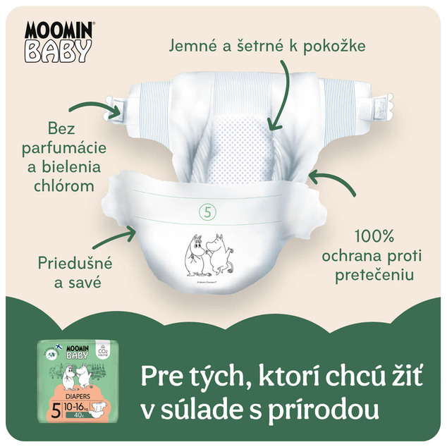 Moomin Baby 5 Maxi 10–16 kg (40 ks), eko plienky