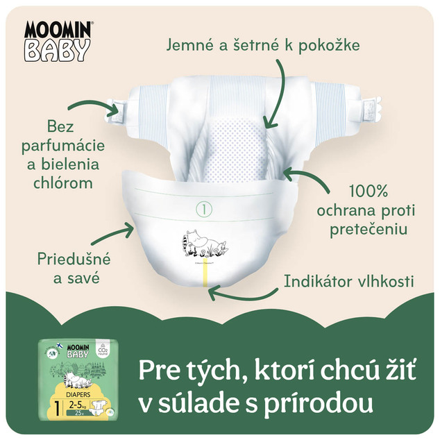 Moomin Baby 1 Newborn 2–5 kg (25 ks), eko plienky
