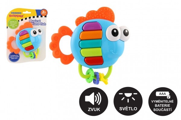 Hrkálka/hryzadlo ryba piánko plast 14x14cm na batérie so zvukom a svetlom