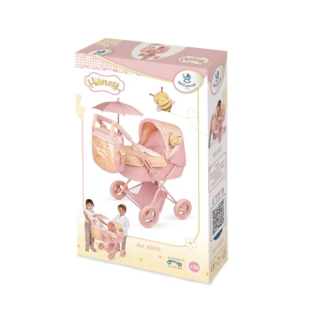 DeCuevas 85070 Passeggino pieghevole per bambole con ombrellone e borsa Honey 2026 – 60 cm