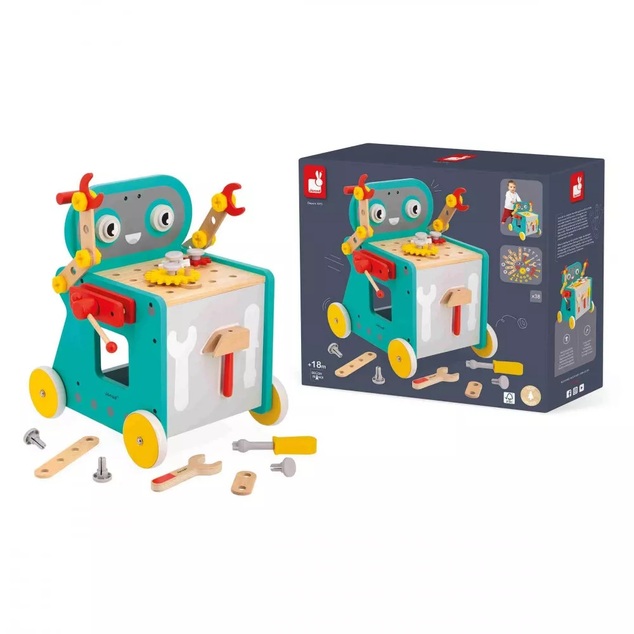Janod BricoKids Drevené chodítko a vozík s náradím Robot 38 ks