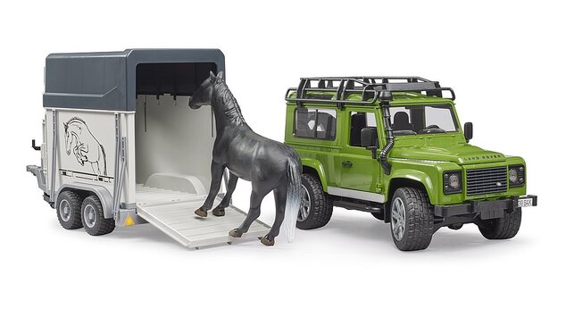 Bruder 02592 Land Rover Defender s prepravníkom na koňa a koníkom