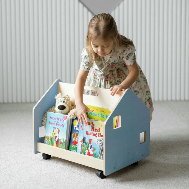 BusyKids Bibliothèque double face sur roulettes bleue