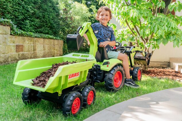 Falk šliapací traktor 2070W Claas backhoe s prednou a zadnou lyžicou a prívesom