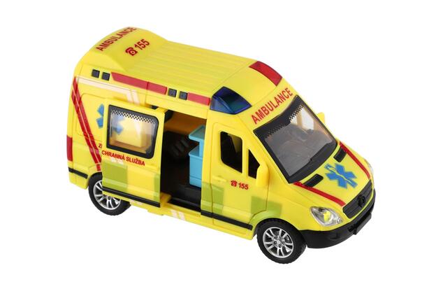 Auto záchranári, ambulancia plast 14,5 cm na batérie so svetlom, zvukom na zotrvačník