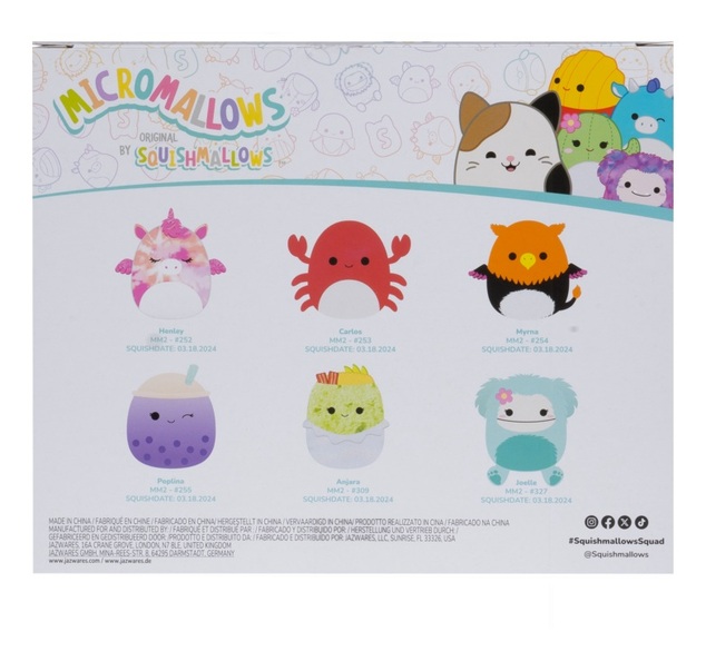 Squishmallows Micromallows Packung 6 Stk. – Greif, Alicorn, Burrito, Krabbe, Bigfoot, Boba