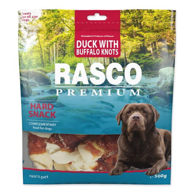 Pochúťka Rasco Premium byvolia koža s kačacím mäsom, uzly 5cm 500g